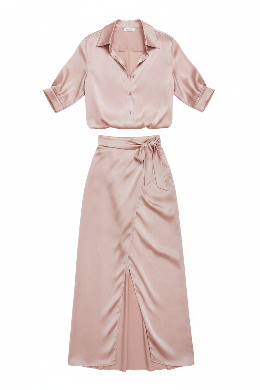 Satin Tie-Waist Wrap Maxi Two-Piece Set