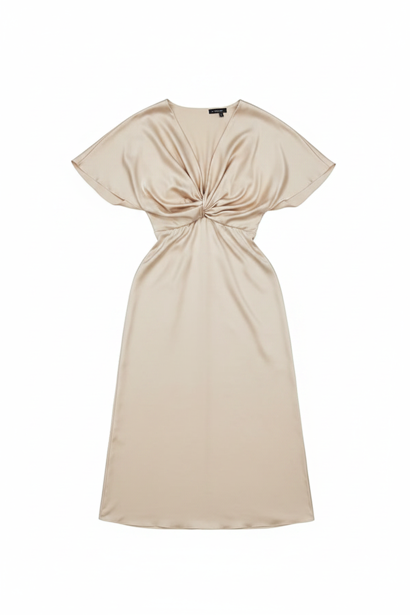 Satin Twisted Front V-Neck Dolman Sleeve Midi Dress