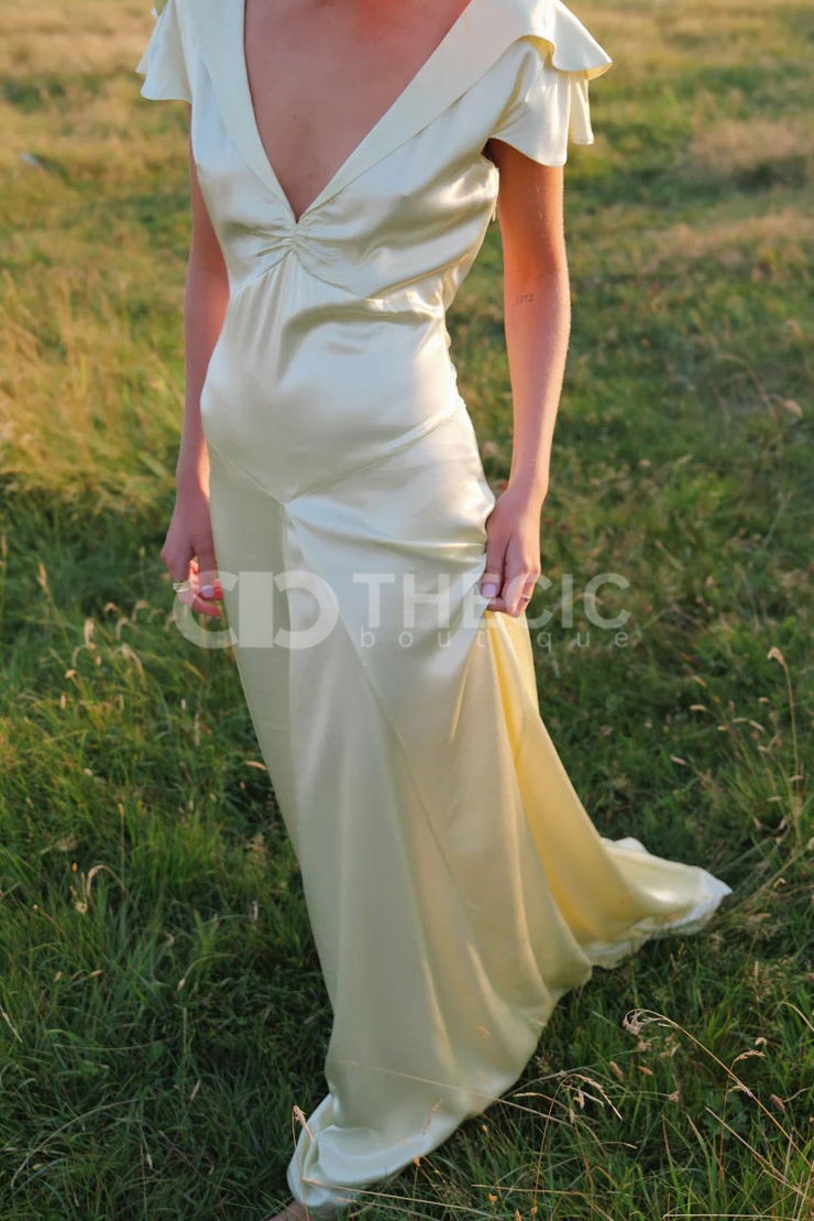 Satin V-Neck Flutter Sleeve Open Back Maxi Dress