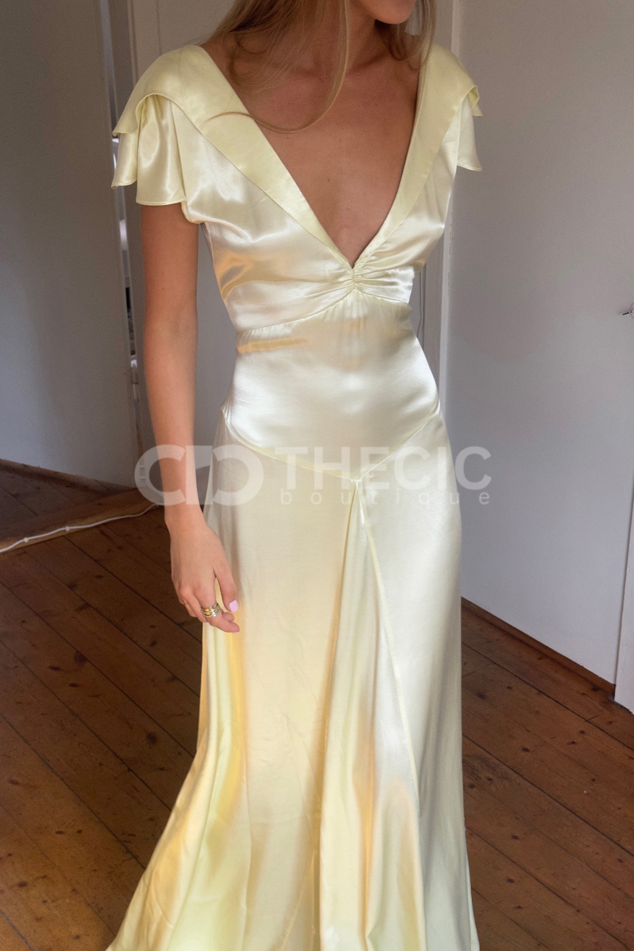 Satin V-Neck Flutter Sleeve Open Back Maxi Dress