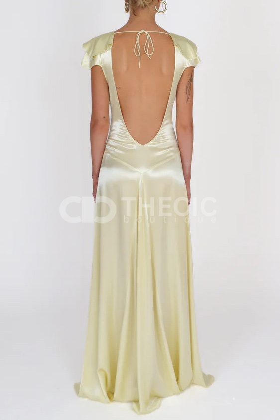 Satin V-Neck Flutter Sleeve Open Back Maxi Dress