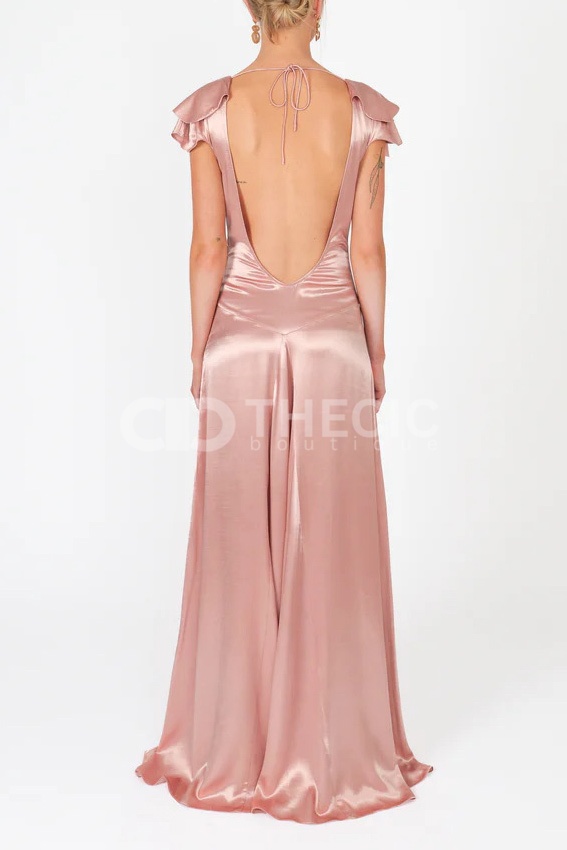 Satin V-Neck Flutter Sleeve Open Back Maxi Dress