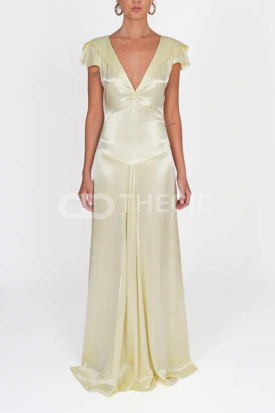 Satin V-Neck Flutter Sleeve Open Back Maxi Dress