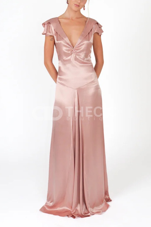 Satin V-Neck Flutter Sleeve Open Back Maxi Dress