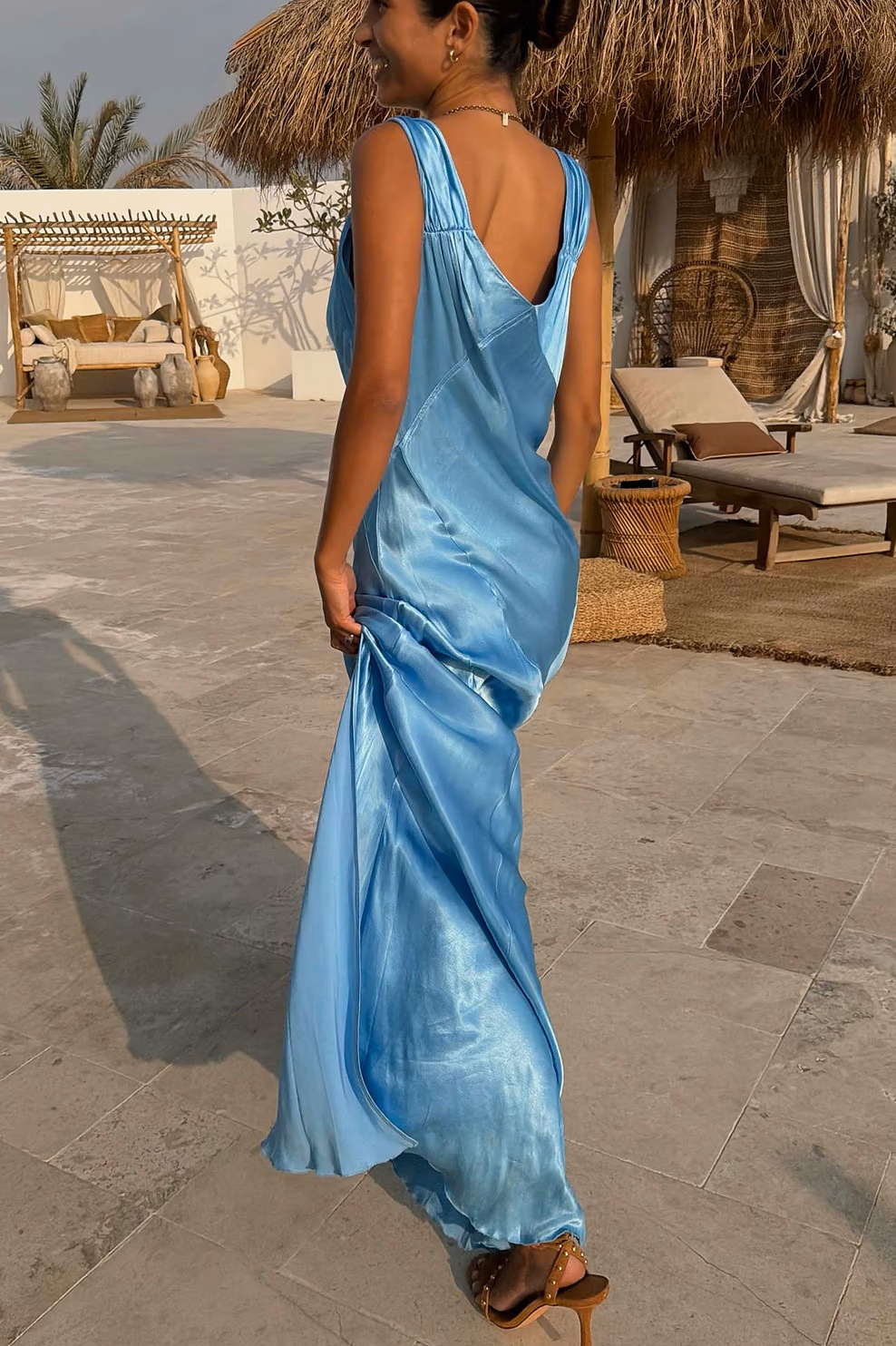 Satin V-Neck Knot Strap Maxi Slip Dress