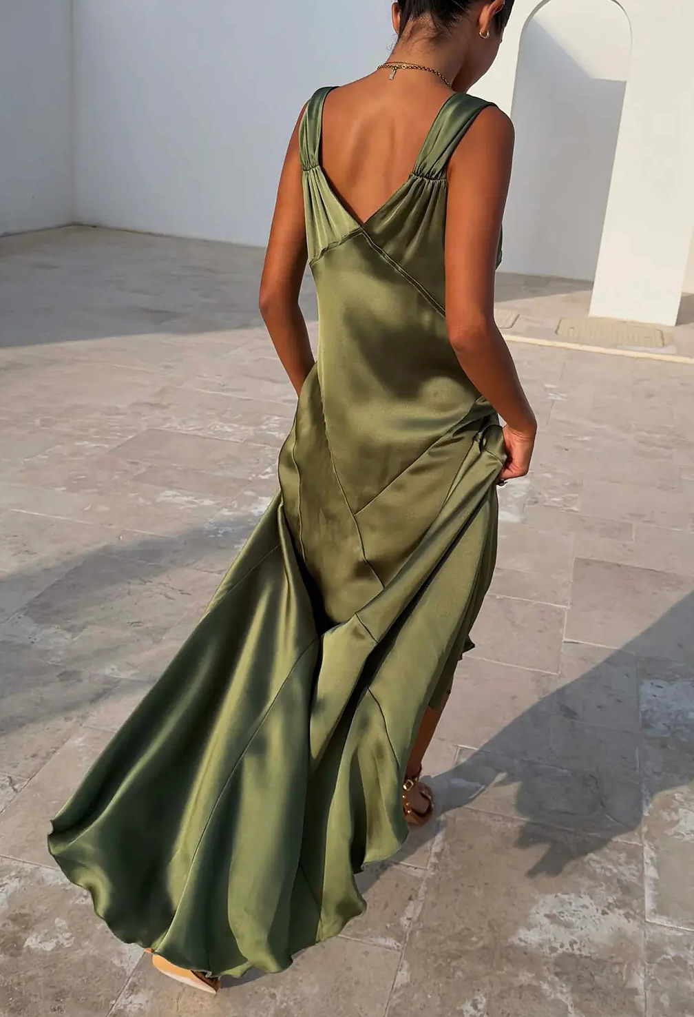 Satin V-Neck Knot Strap Maxi Slip Dress