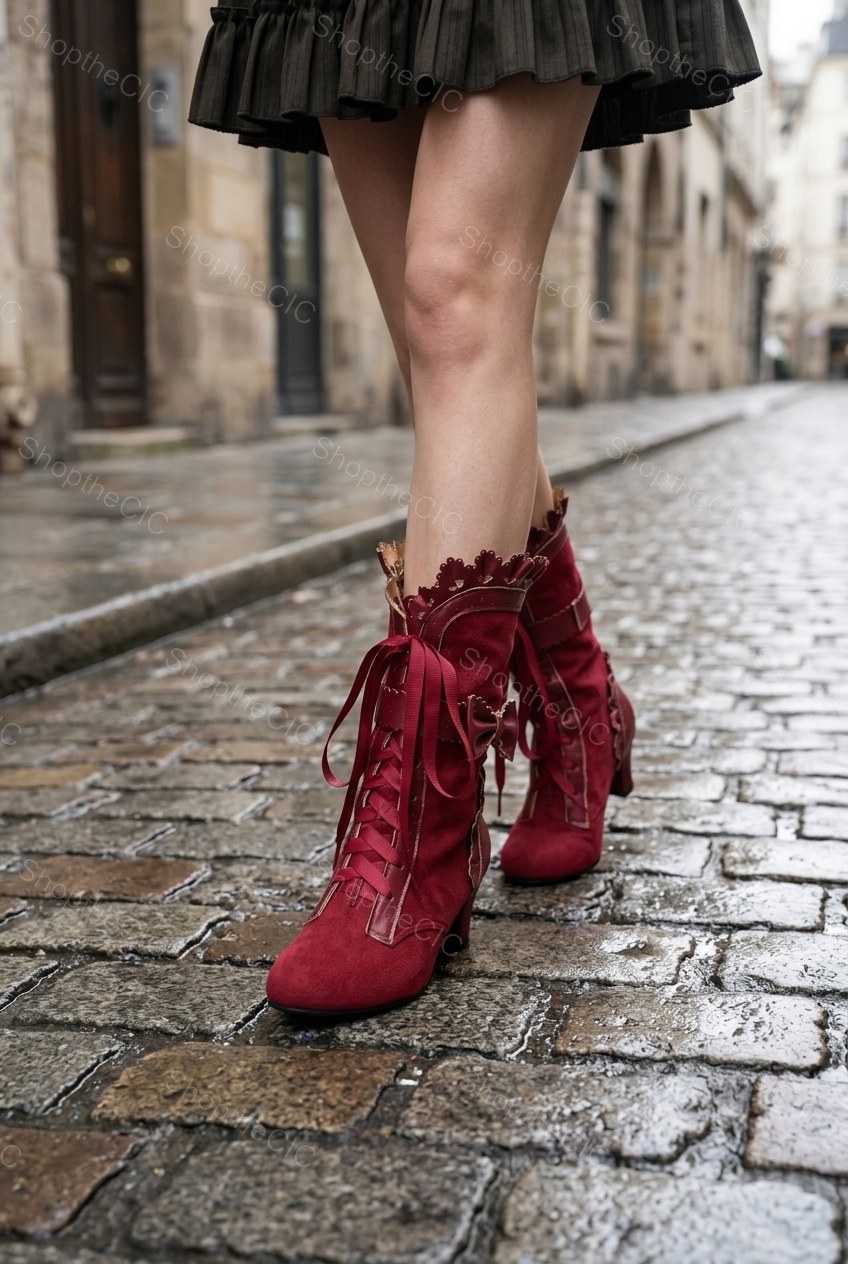 Scalloped Bow Lace-Up Suede Mid Heel Ankle Boots