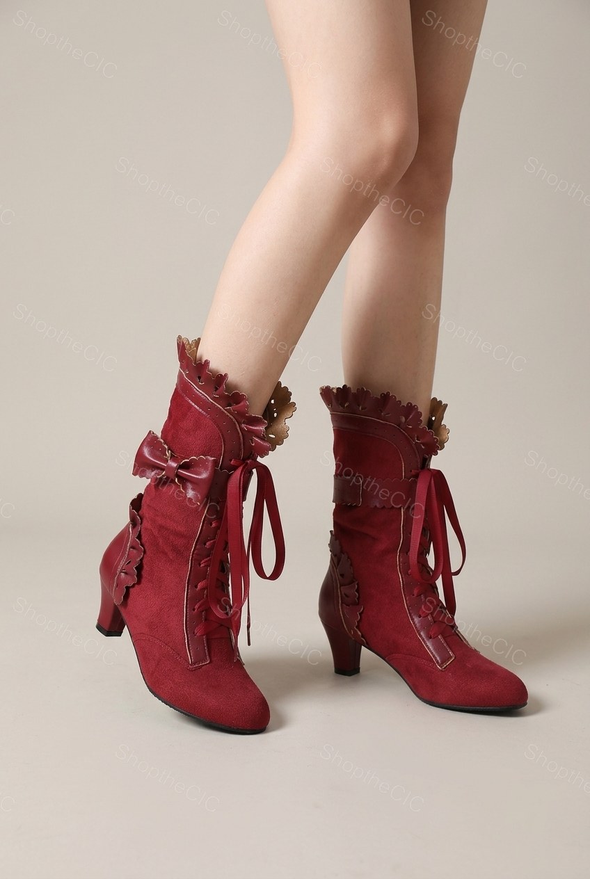 Scalloped Bow Lace-Up Suede Mid Heel Ankle Boots