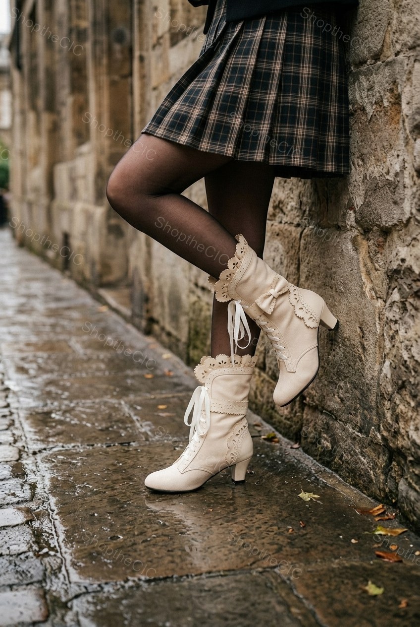 Scalloped Bow Lace-Up Suede Mid Heel Ankle Boots
