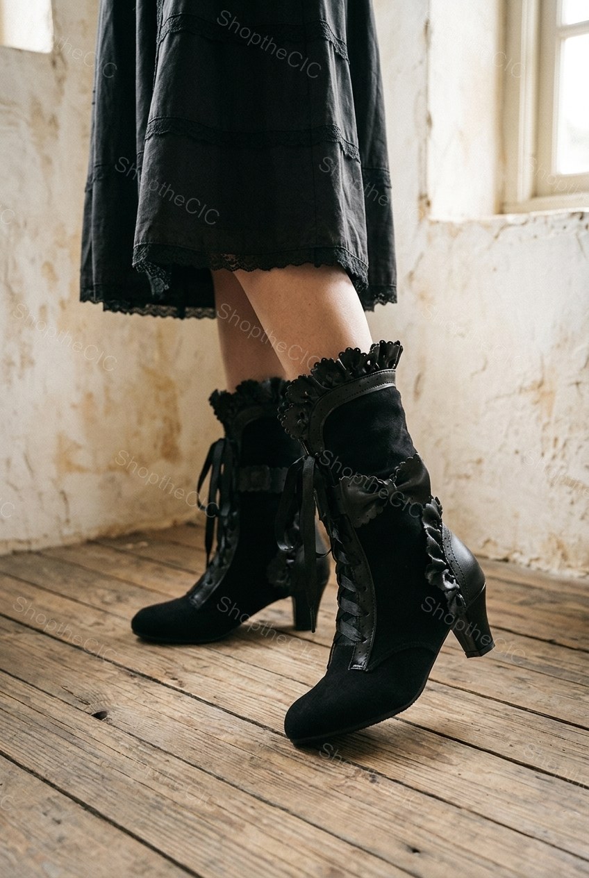 Scalloped Bow Lace-Up Suede Mid Heel Ankle Boots