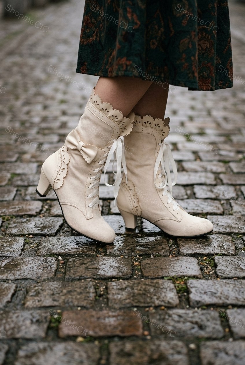 Scalloped Bow Lace-Up Suede Mid Heel Ankle Boots