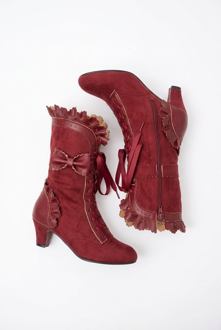 Scalloped Bow Lace-Up Suede Mid Heel Ankle Boots