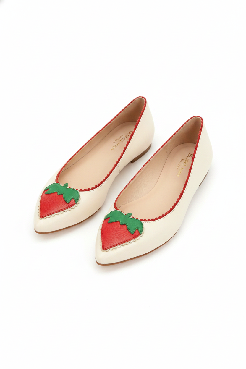 Scalloped Edge Strawberry Appliqué Pointed Ballet Flats