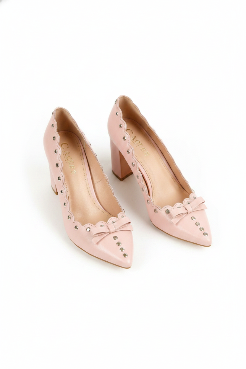 Scalloped Edge Studded Pointed-Toe Block Heel Pumps