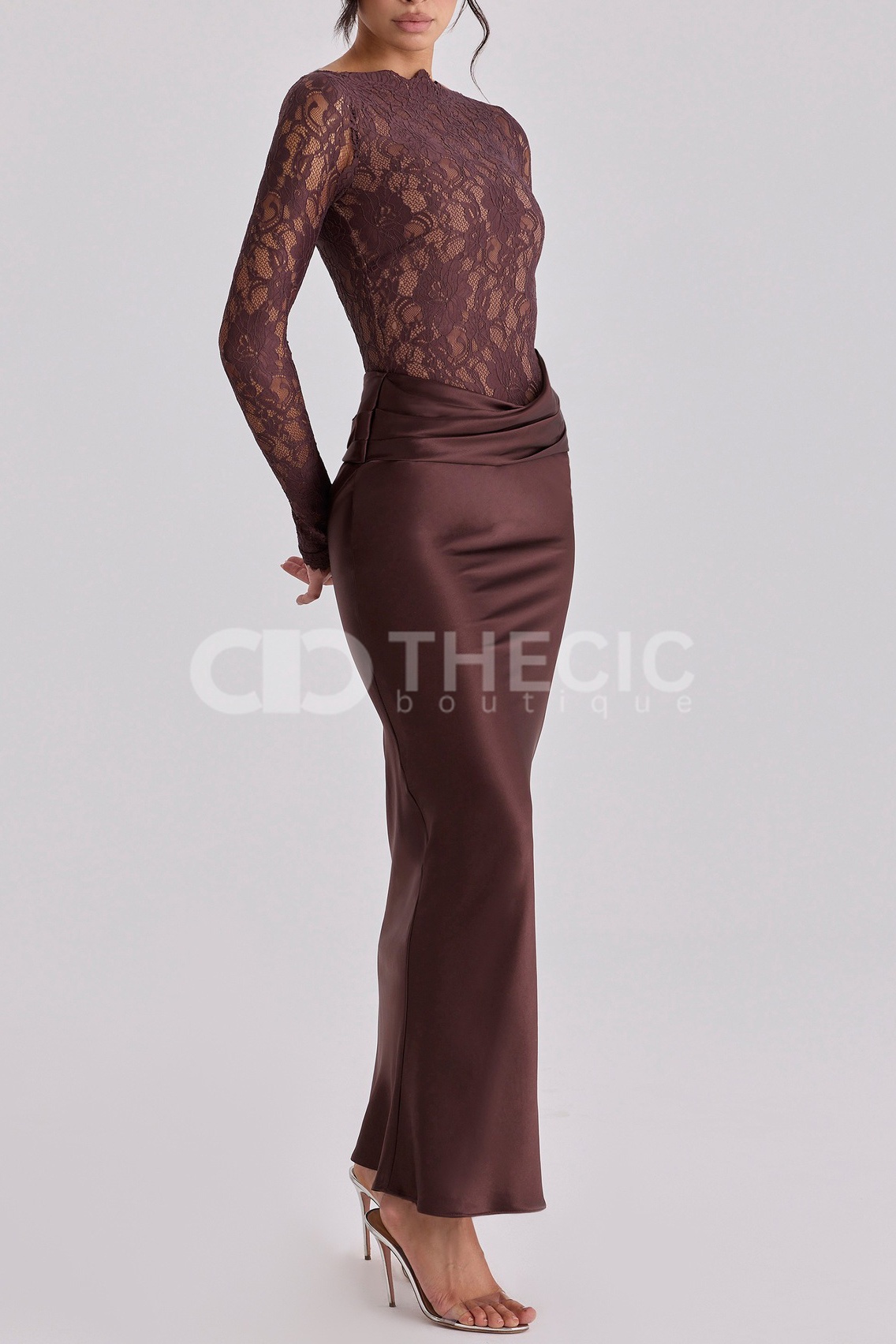 Scalloped Lace Bodice Draped Satin Maxi Dress