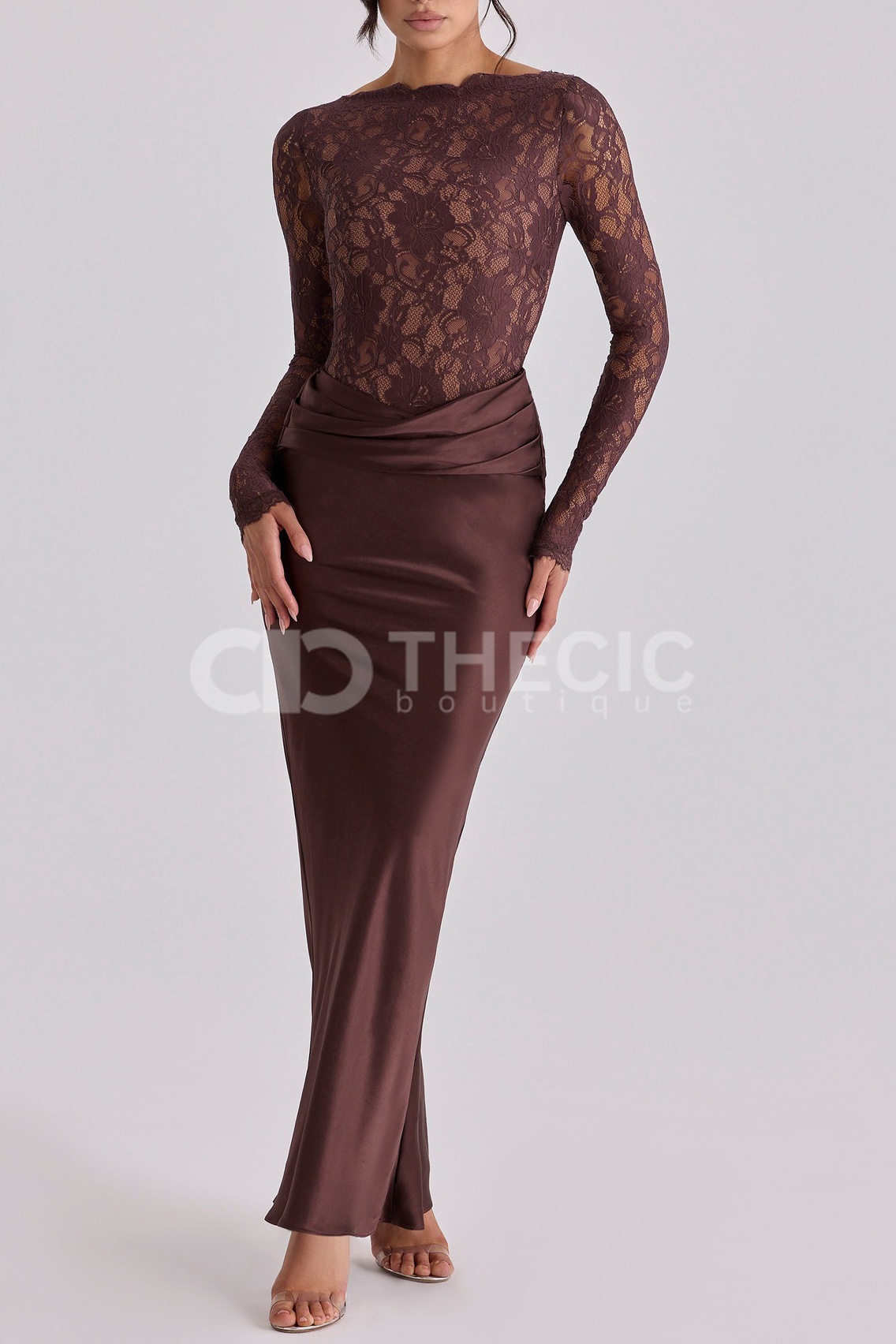 Scalloped Lace Bodice Draped Satin Maxi Dress