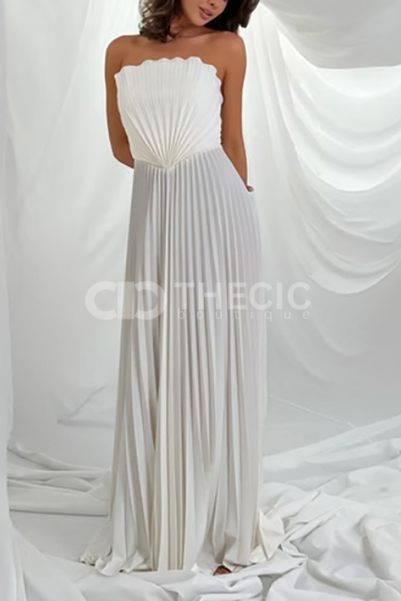 Scalloped Strapless Pleated Maxi Dress