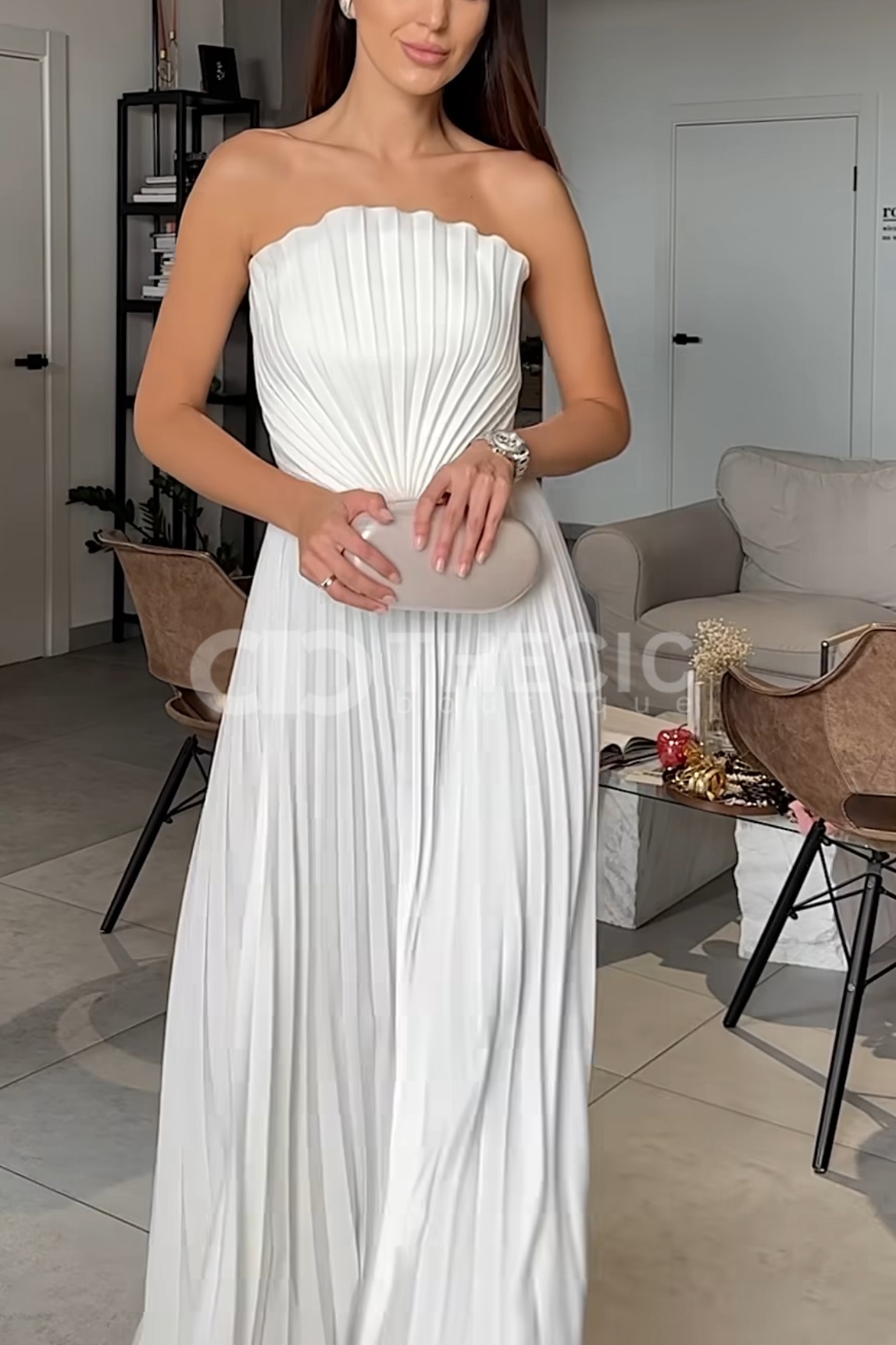 Scalloped Strapless Pleated Maxi Dress