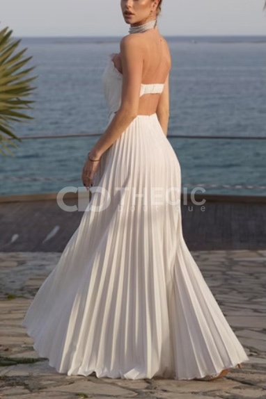 Scalloped Strapless Pleated Maxi Dress