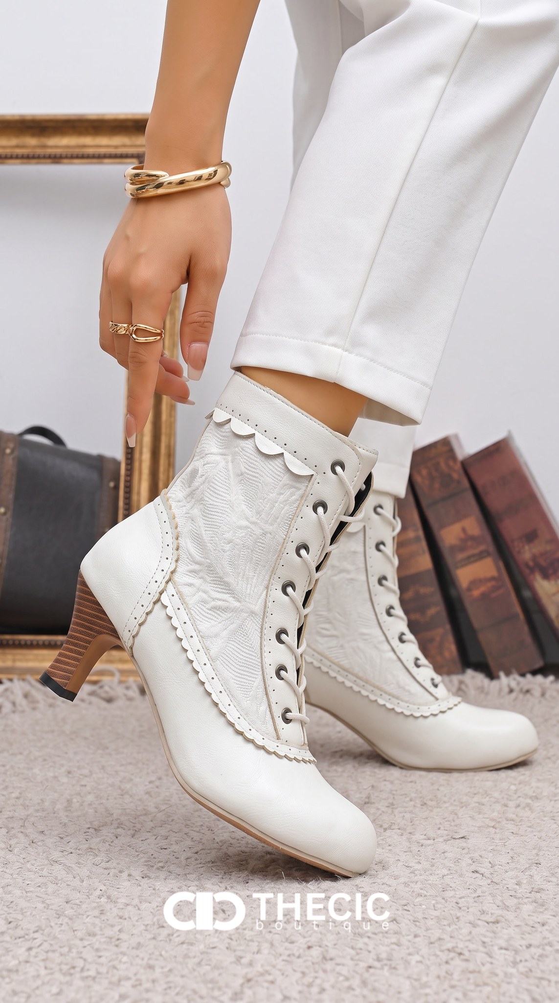 Scalloped Trim Embroidered Lace-Up Ankle Boots