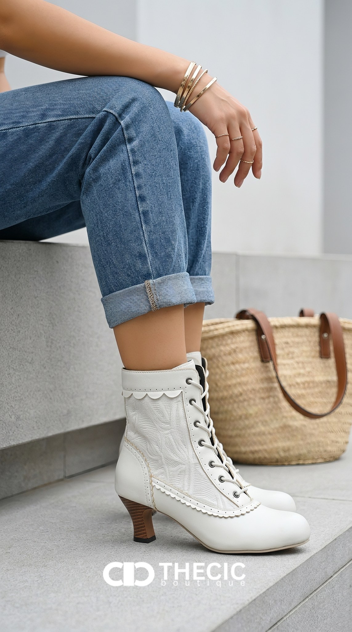 Scalloped Trim Embroidered Lace-Up Ankle Boots