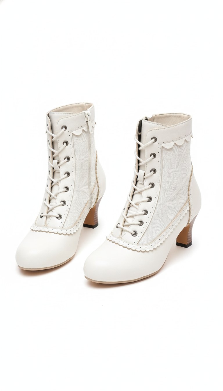 Scalloped Trim Embroidered Lace-Up Ankle Boots