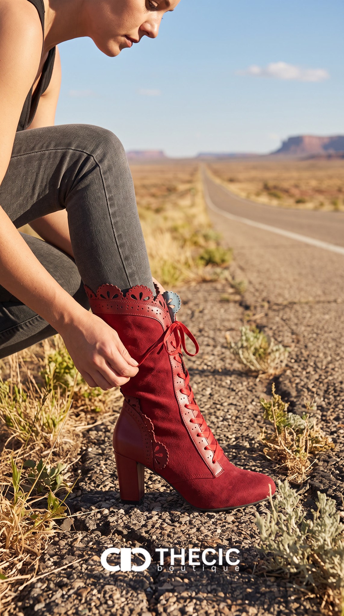 Scalloped Trim Lace-Up Block Heel Mid-Calf Boots