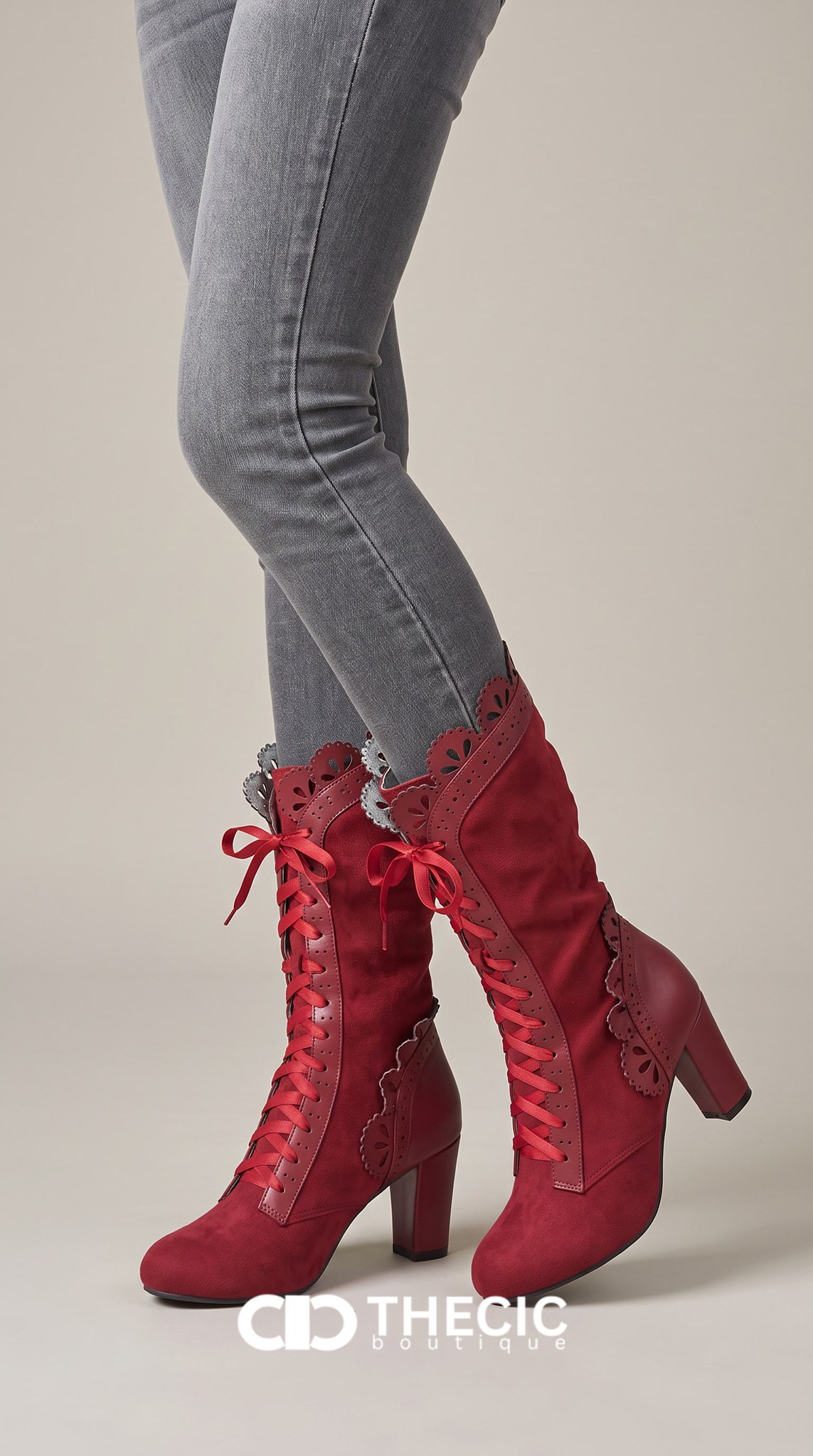 Scalloped Trim Lace-Up Block Heel Mid-Calf Boots