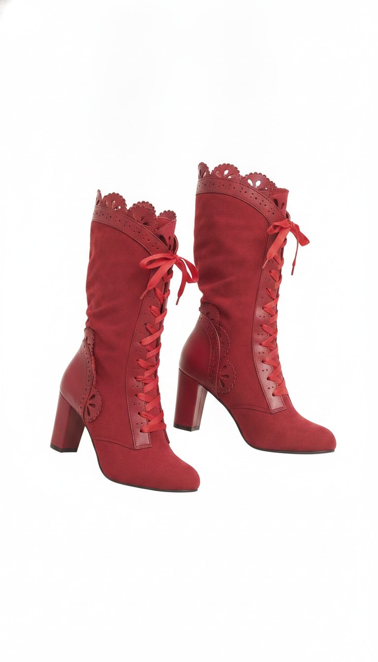 Scalloped Trim Lace-Up Block Heel Mid-Calf Boots
