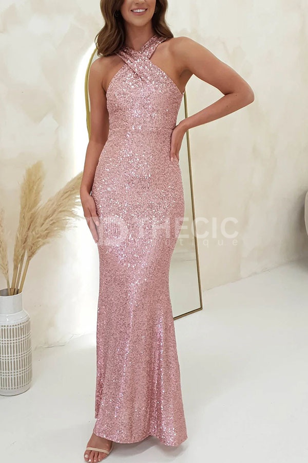 Sequin Criss-Cross Halter Open-Back Maxi Gown