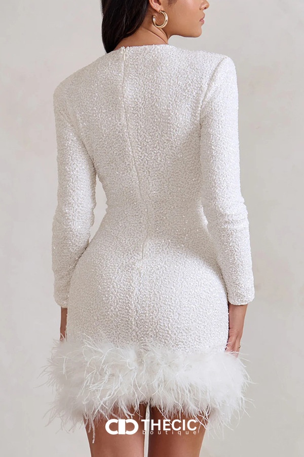 Sequin Embellished Feather Trim Long-Sleeve Mini Dress