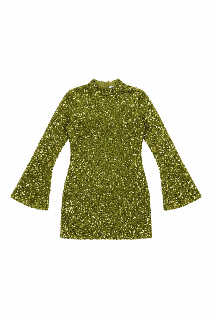 Sequin Embellished Mock Neck Bell Sleeve Mini Dress