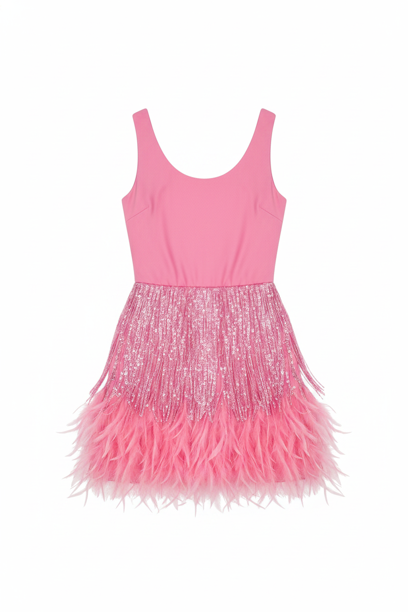 Sequin Fringe Feather Trim Sleeveless Mini Dress