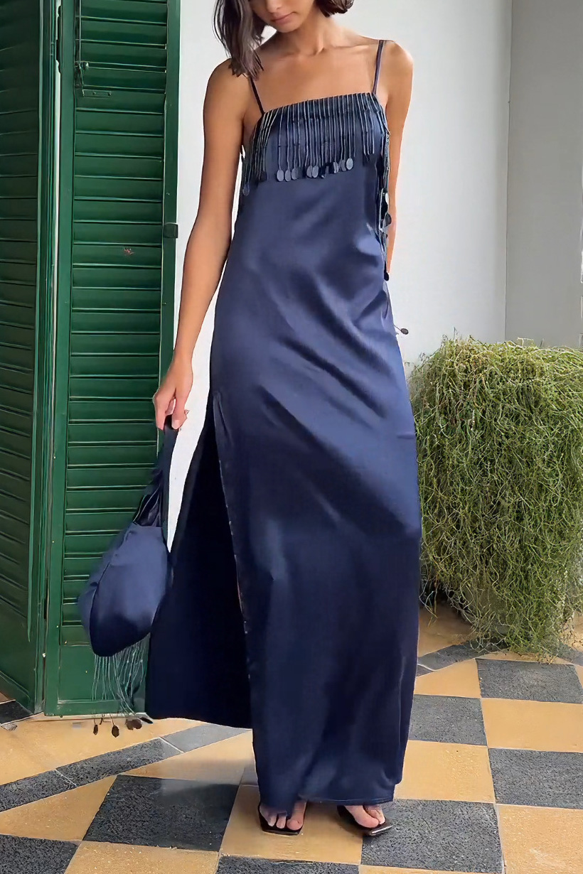Sequin Fringe Satin Low-Back Maxi Slip Dress