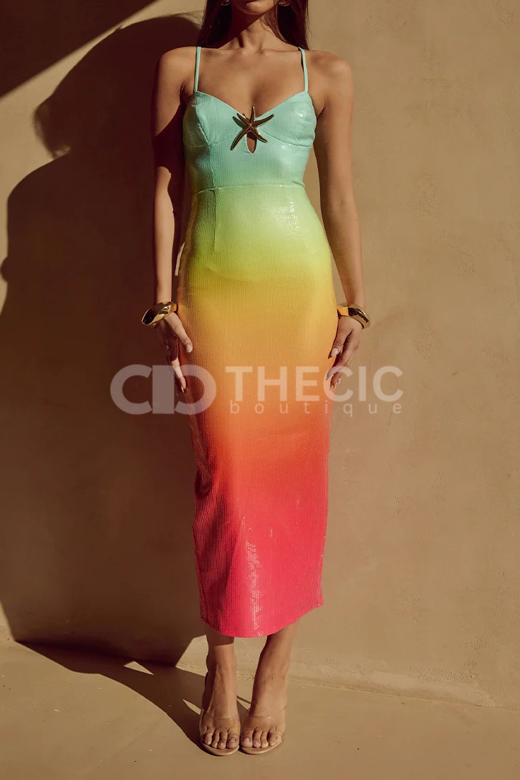 Sequin Gradient Starfish Cutout Midi Dress