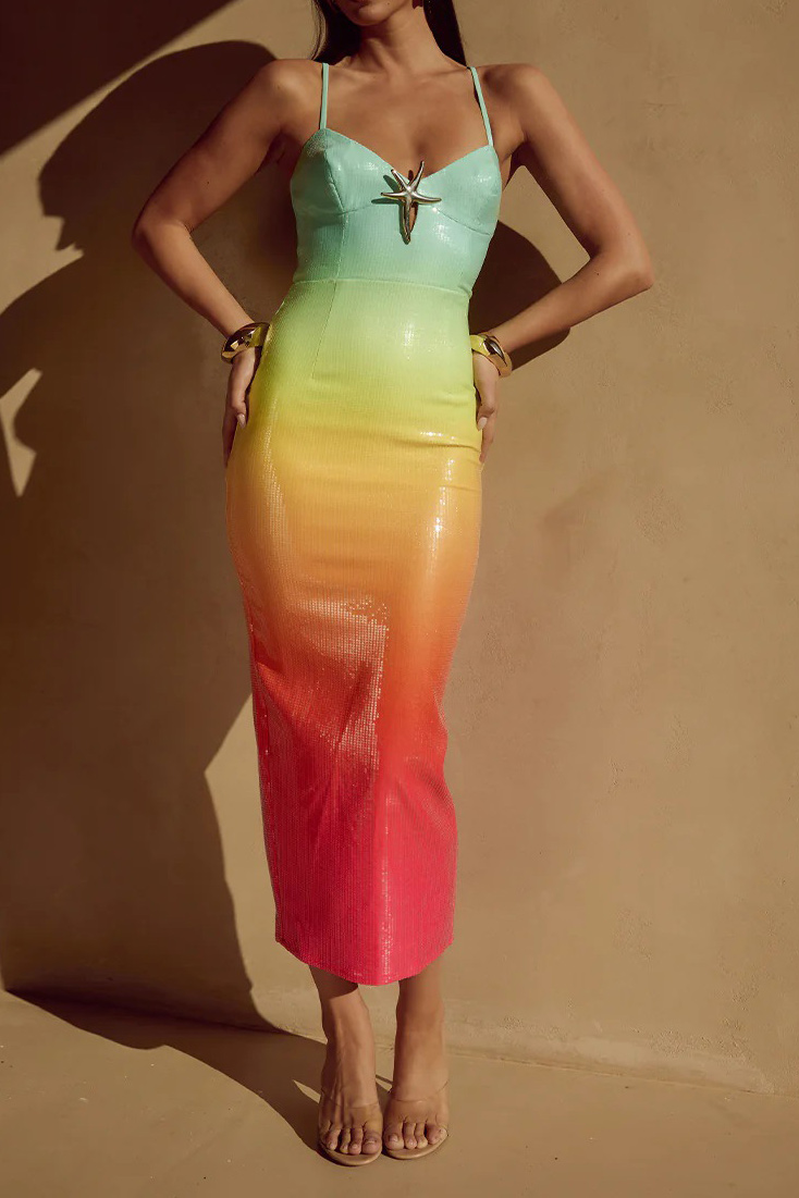 Sequin Gradient Starfish Cutout Midi Dress