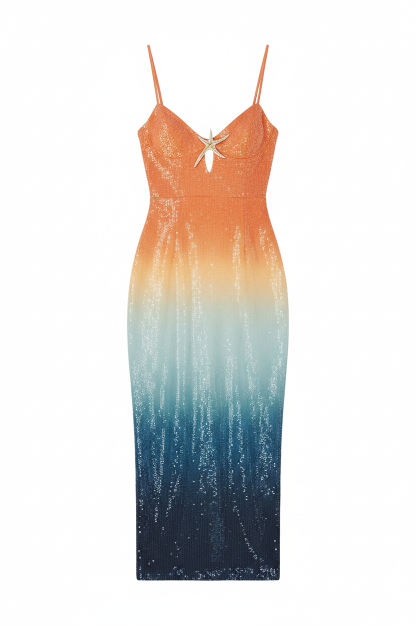 Sequin Gradient Starfish Cutout Midi Dress
