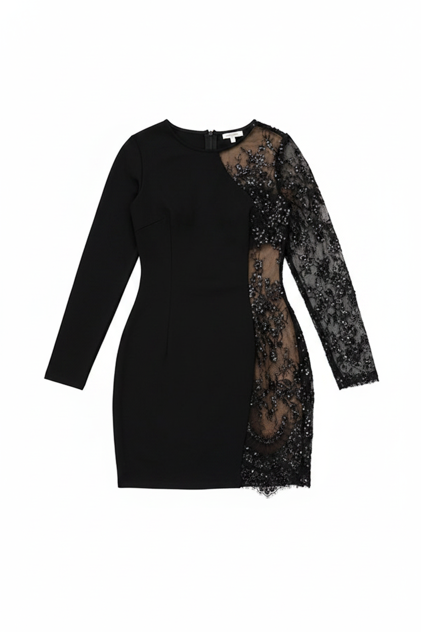 Sequin Lace Panel Long Sleeve Mini Dress