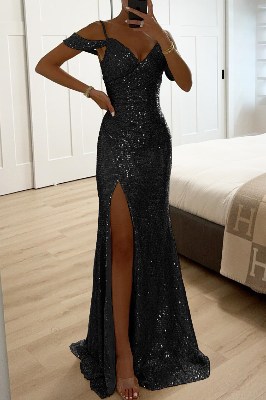 Sequin Off-Shoulder Slit Mermaid Gown