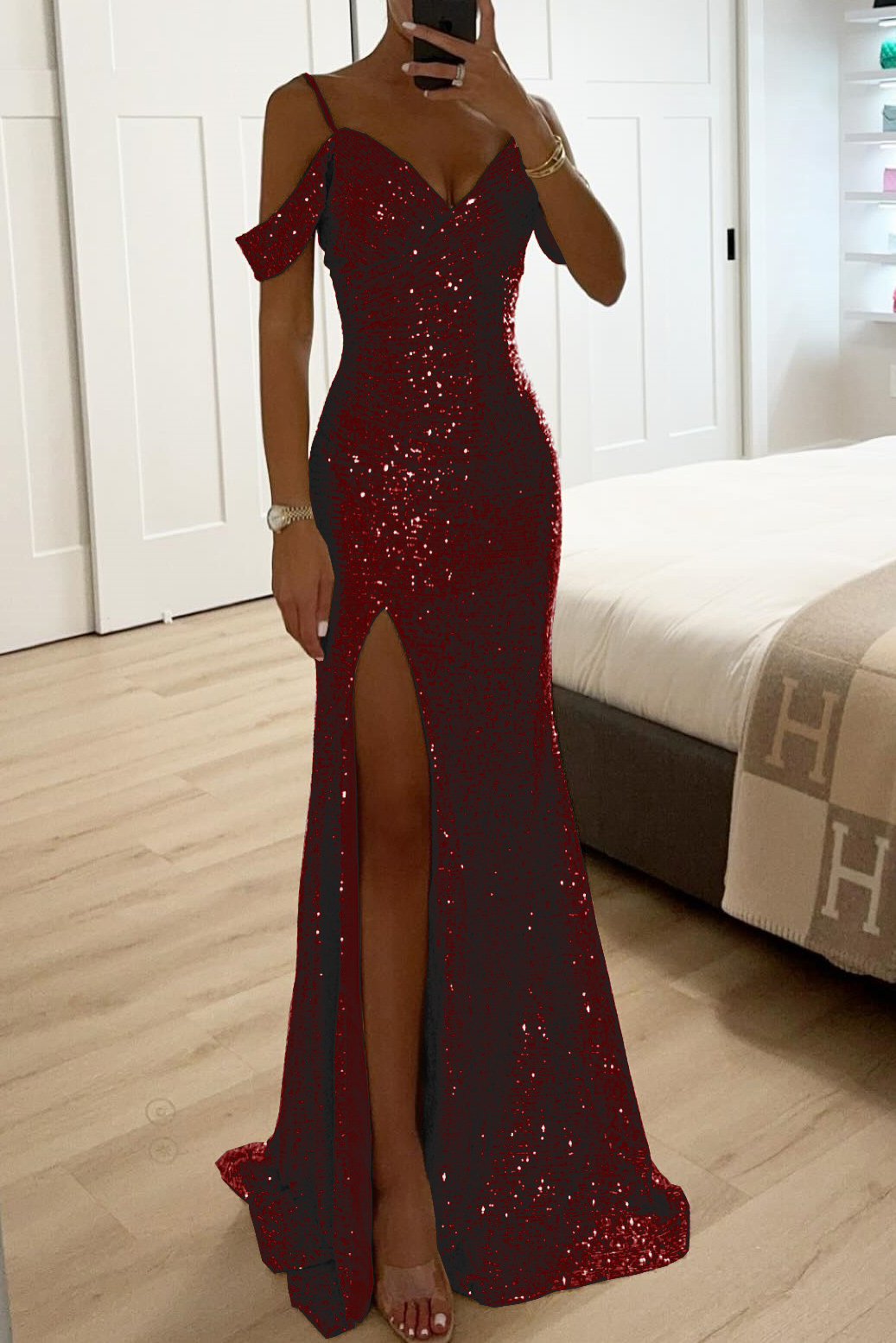 Sequin Off-Shoulder Slit Mermaid Gown