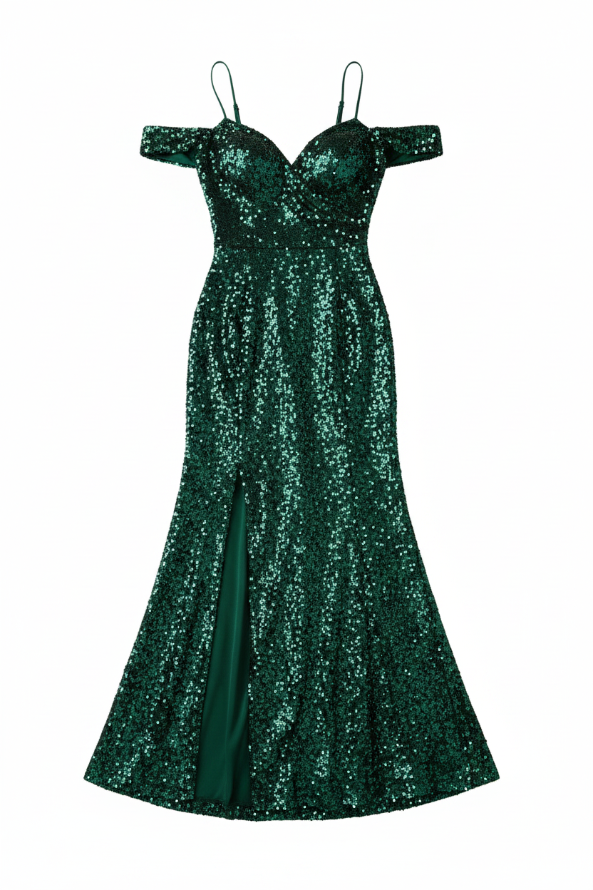 Sequin Off-Shoulder Slit Mermaid Gown