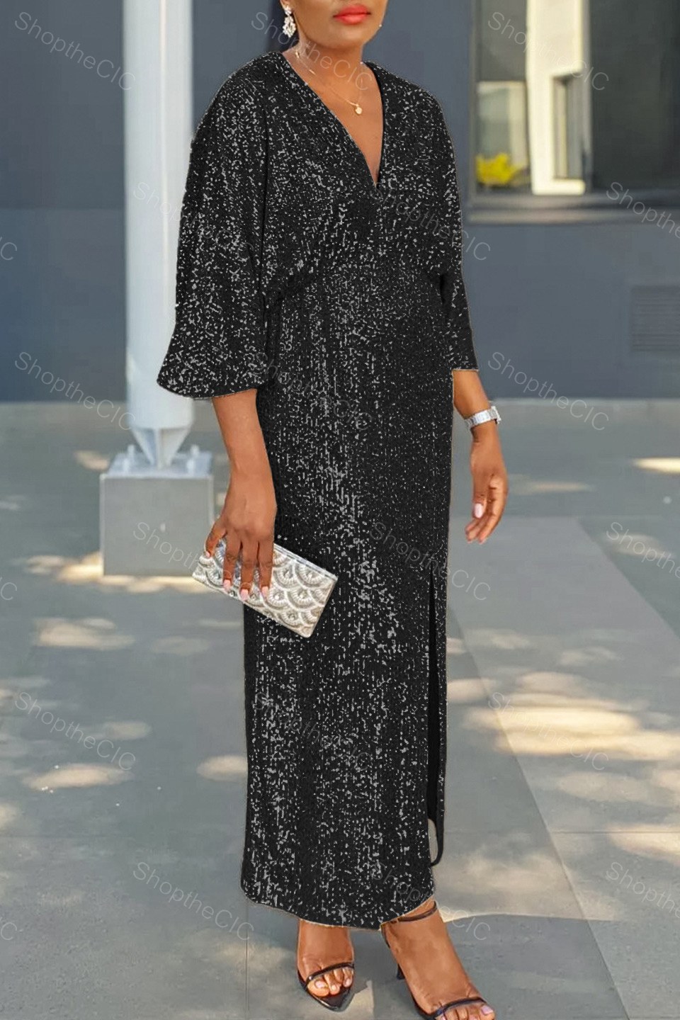 Sequin V-Neck Slit Evening Maxi Dress
