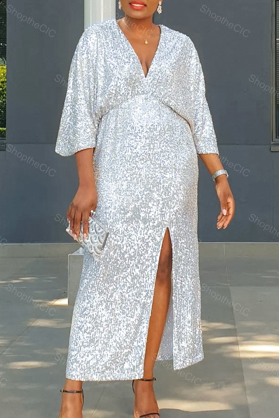 Sequin V-Neck Slit Evening Maxi Dress