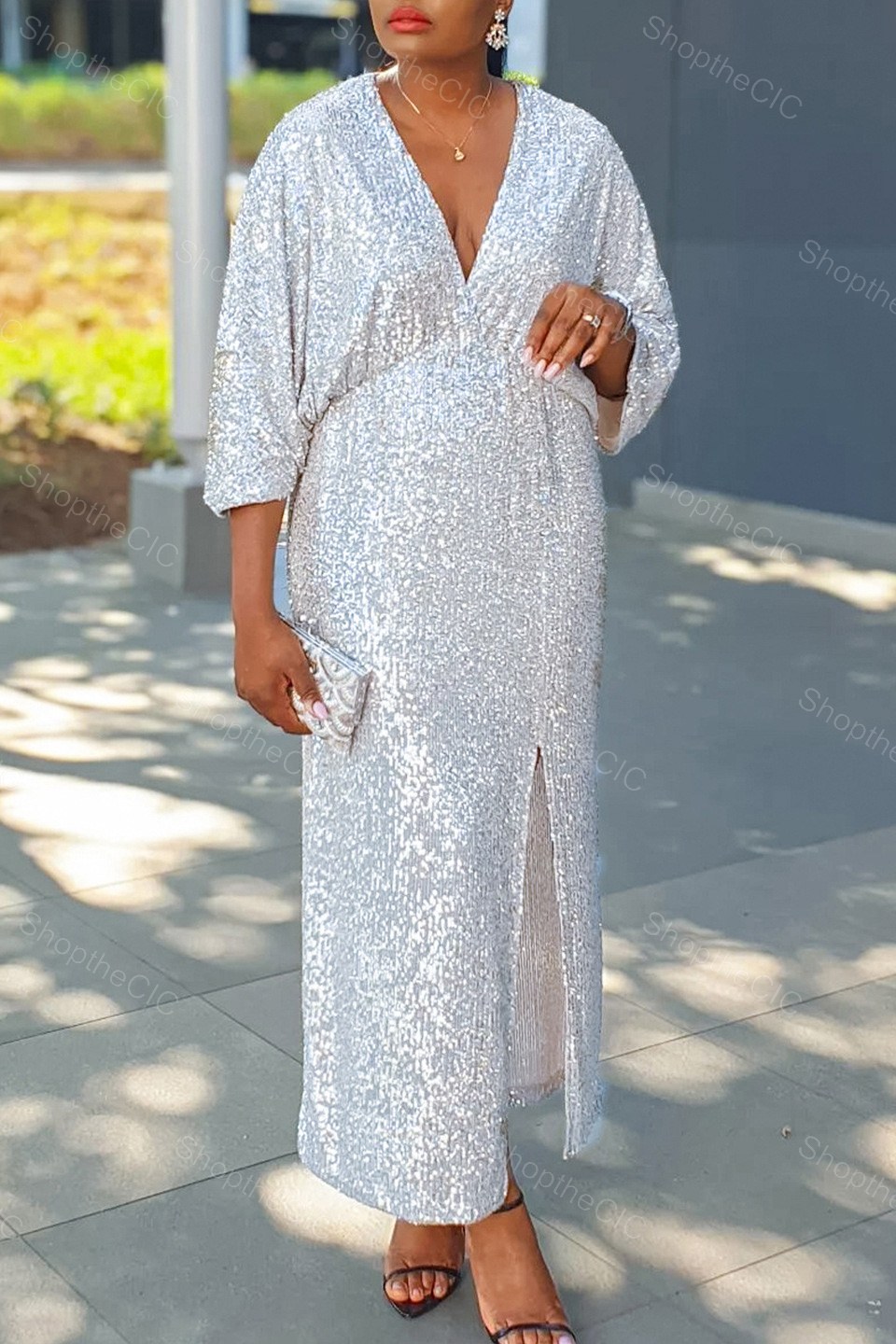 Sequin V-Neck Slit Evening Maxi Dress