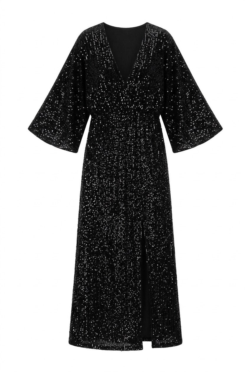 Sequin V-Neck Slit Evening Maxi Dress