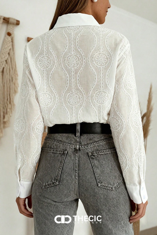 Sheer Embroidered Button-Down Long Sleeve Blouse