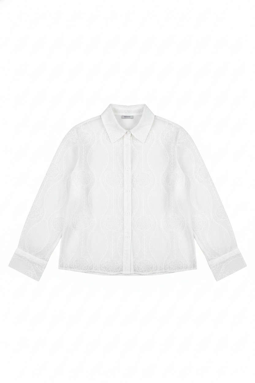 Sheer Embroidered Button-Down Long Sleeve Blouse