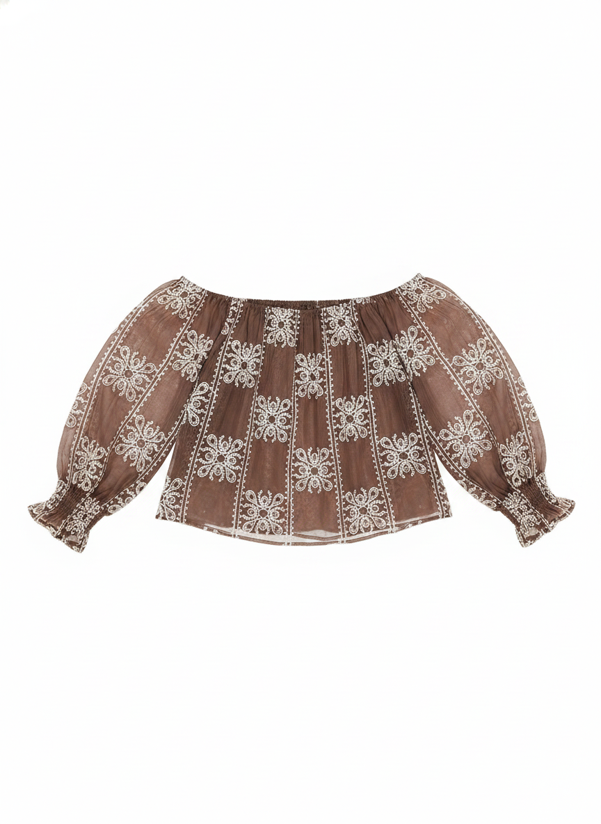 Sheer Embroidered Off-Shoulder Puff Sleeve Blouse