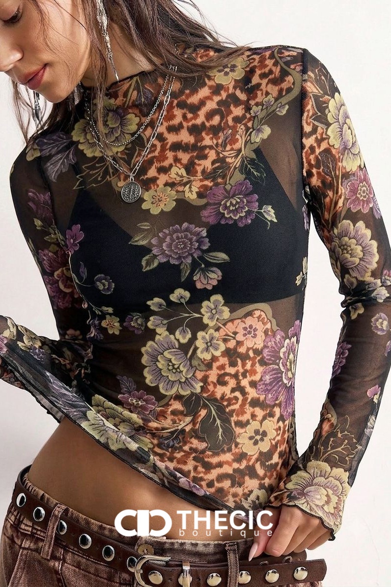 Sheer Floral Leopard Print Mock Neck Top