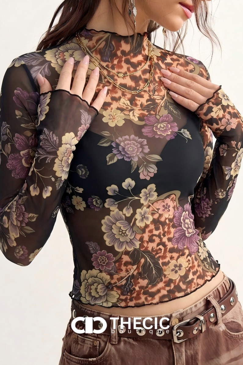 Sheer Floral Leopard Print Mock Neck Top